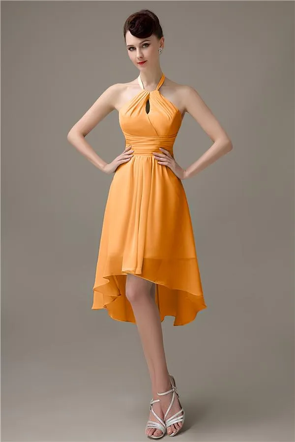 Unique A-line Halter High-Low Short Bridesmaid Dresses