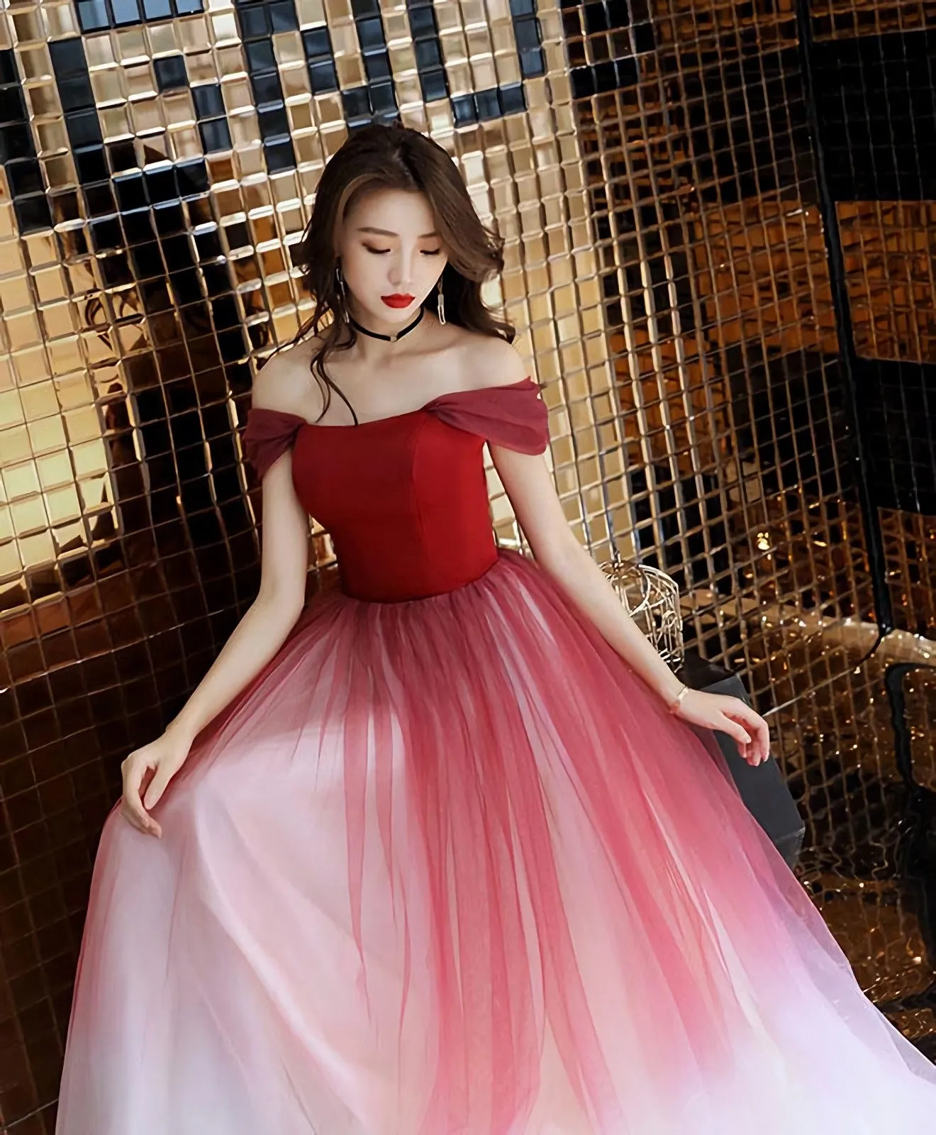 Unique Burgundy Off Shoulder Tulle Long Prom Dress Burgundy Evening Dress