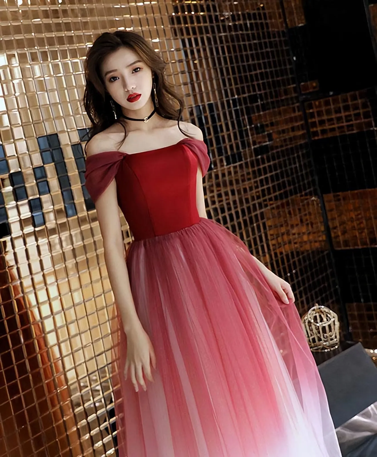 Unique Burgundy Off Shoulder Tulle Long Prom Dress Burgundy Evening Dress