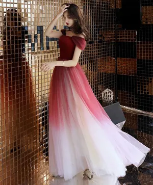 Unique Burgundy Off Shoulder Tulle Long Prom Dress Burgundy Evening Dress