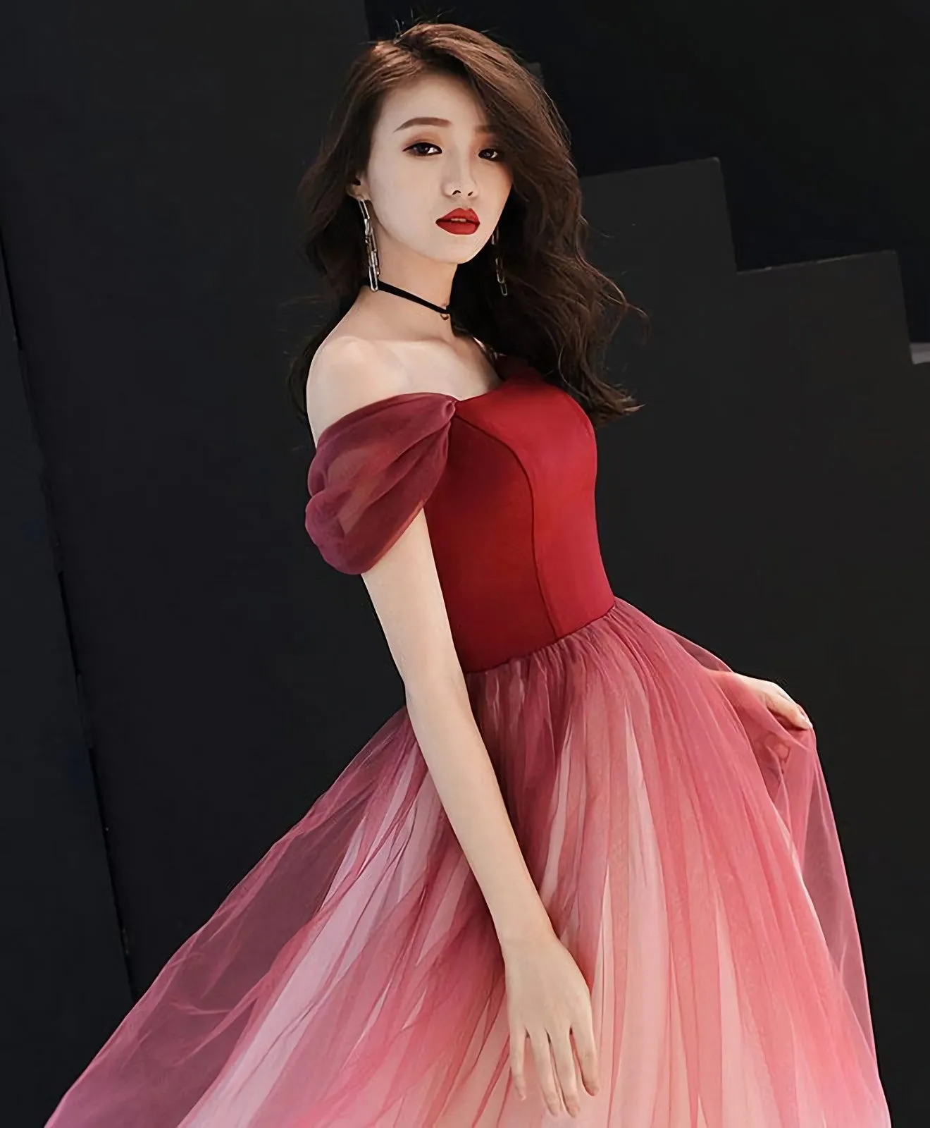 Unique Burgundy Off Shoulder Tulle Long Prom Dress Burgundy Evening Dress