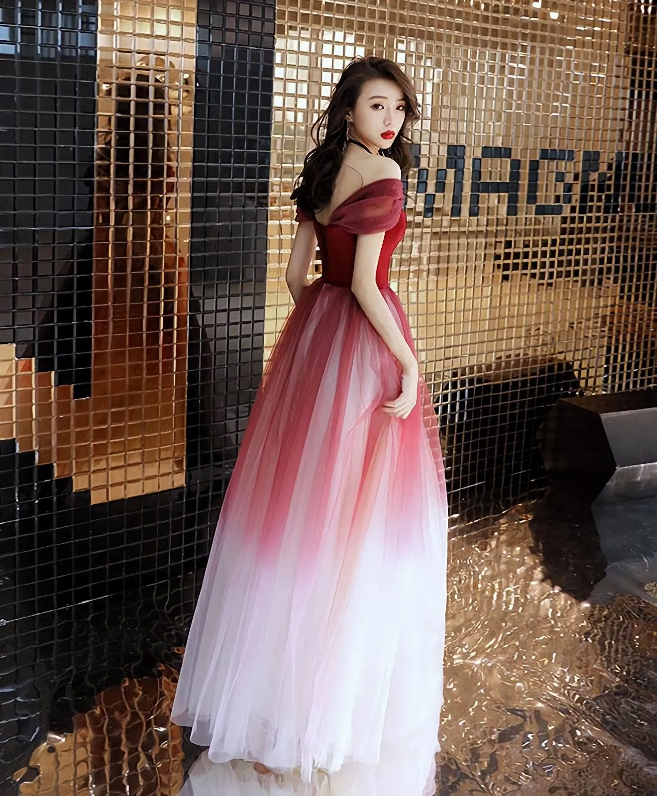 Unique Burgundy Off Shoulder Tulle Long Prom Dress Burgundy Evening Dress