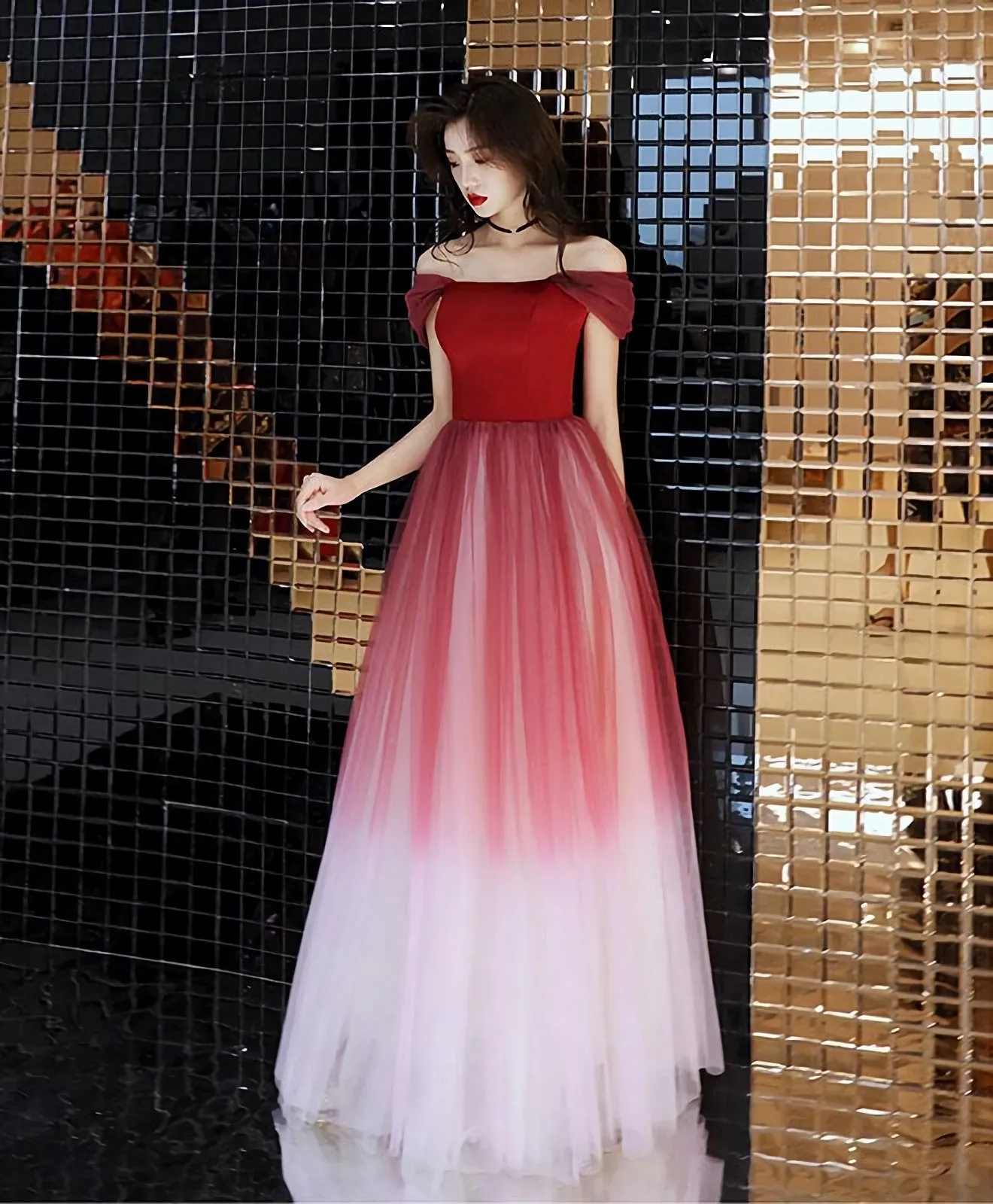 Unique Burgundy Off Shoulder Tulle Long Prom Dress Burgundy Evening Dress