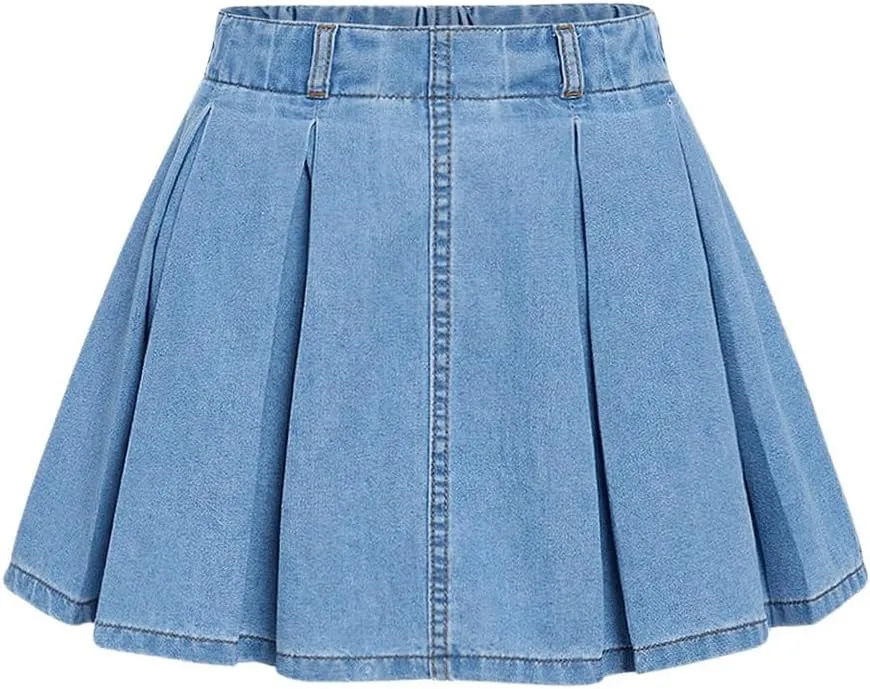Verdusa Girl's Pleated Denim Skirt Elastic Waist A Line Flared Mini Skirt