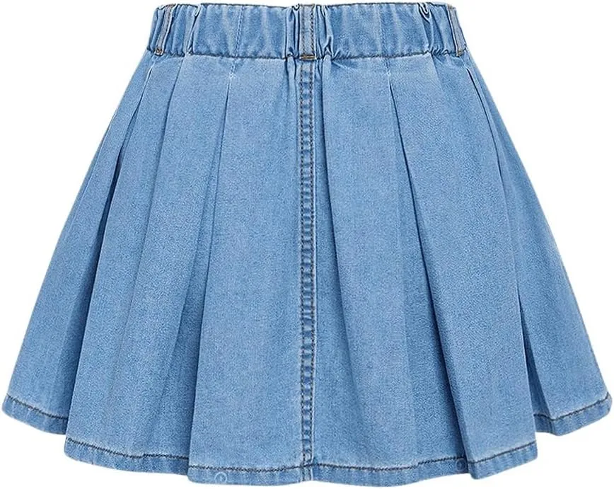Verdusa Girl's Pleated Denim Skirt Elastic Waist A Line Flared Mini Skirt