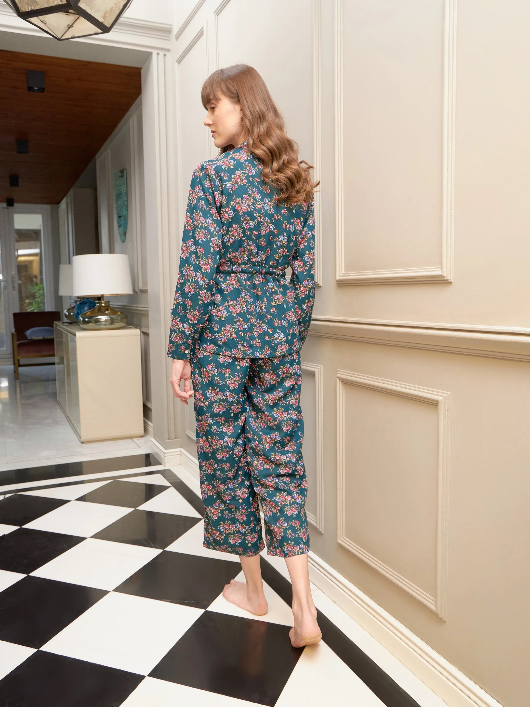 Women Green Floral Notch Shirt With Lounge Pants & Strappy Top