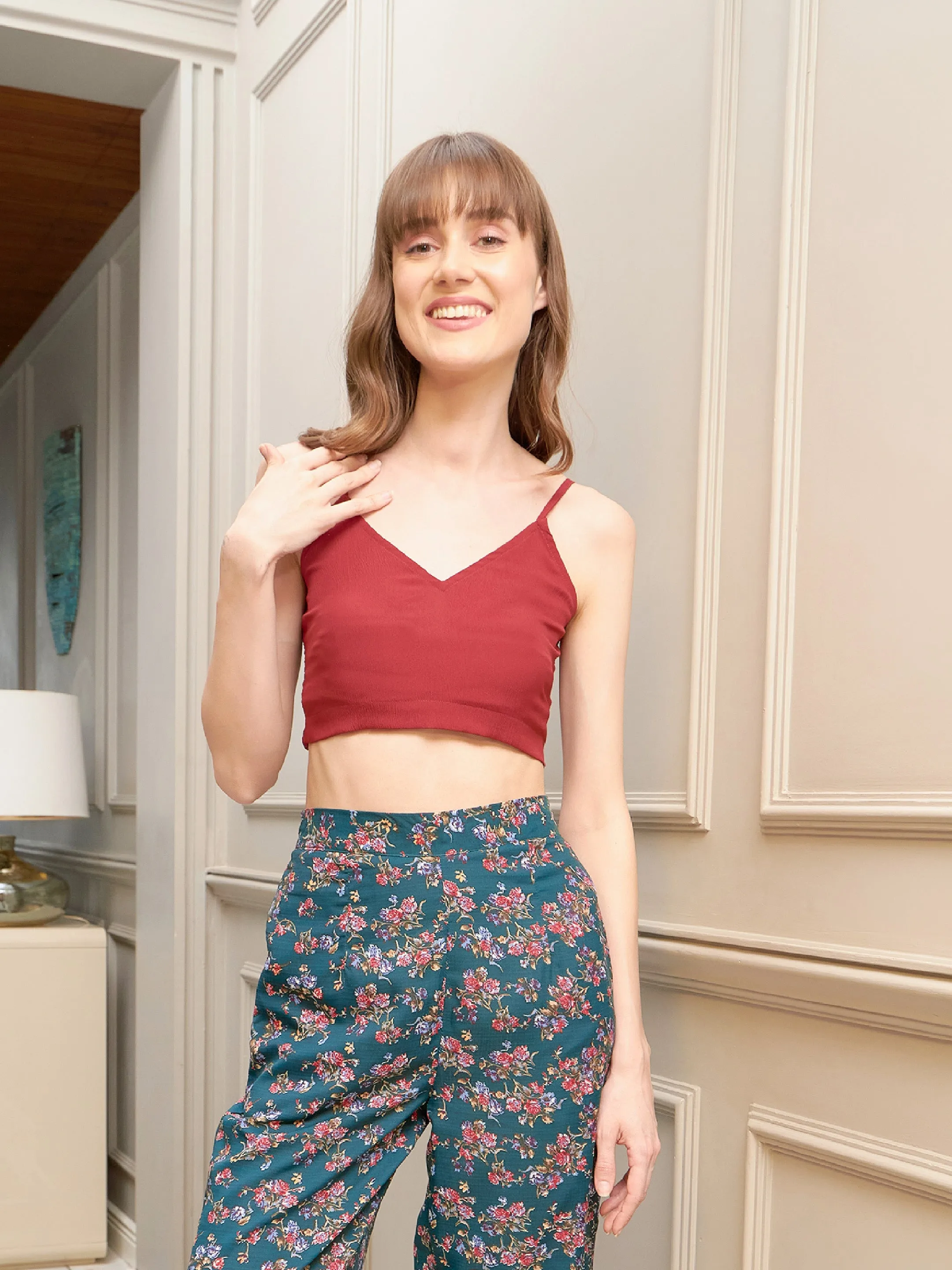 Women Green Floral Notch Shirt With Lounge Pants & Strappy Top