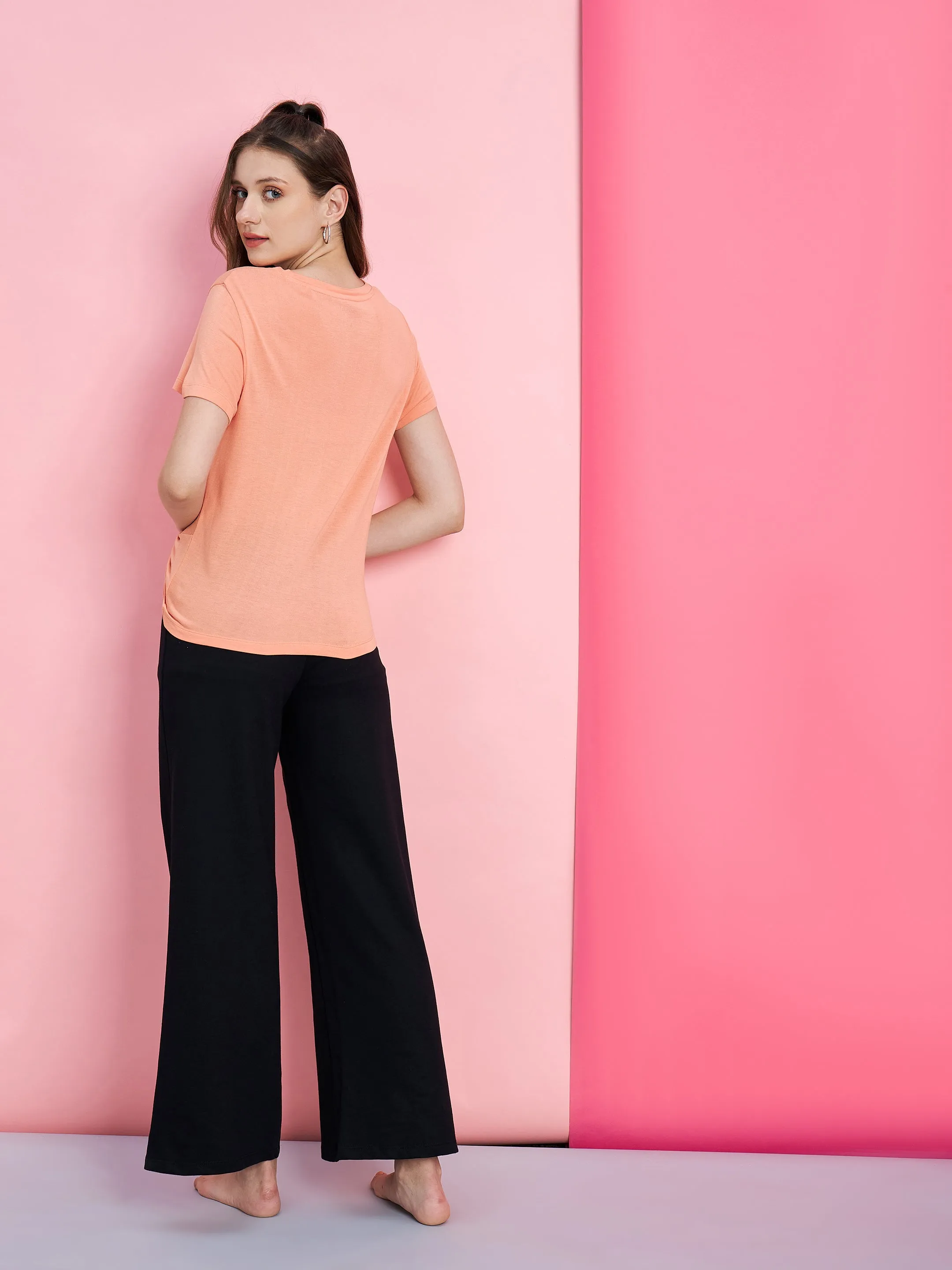 Women Peach I Saw Karma T-Shirt With Black Track Pants