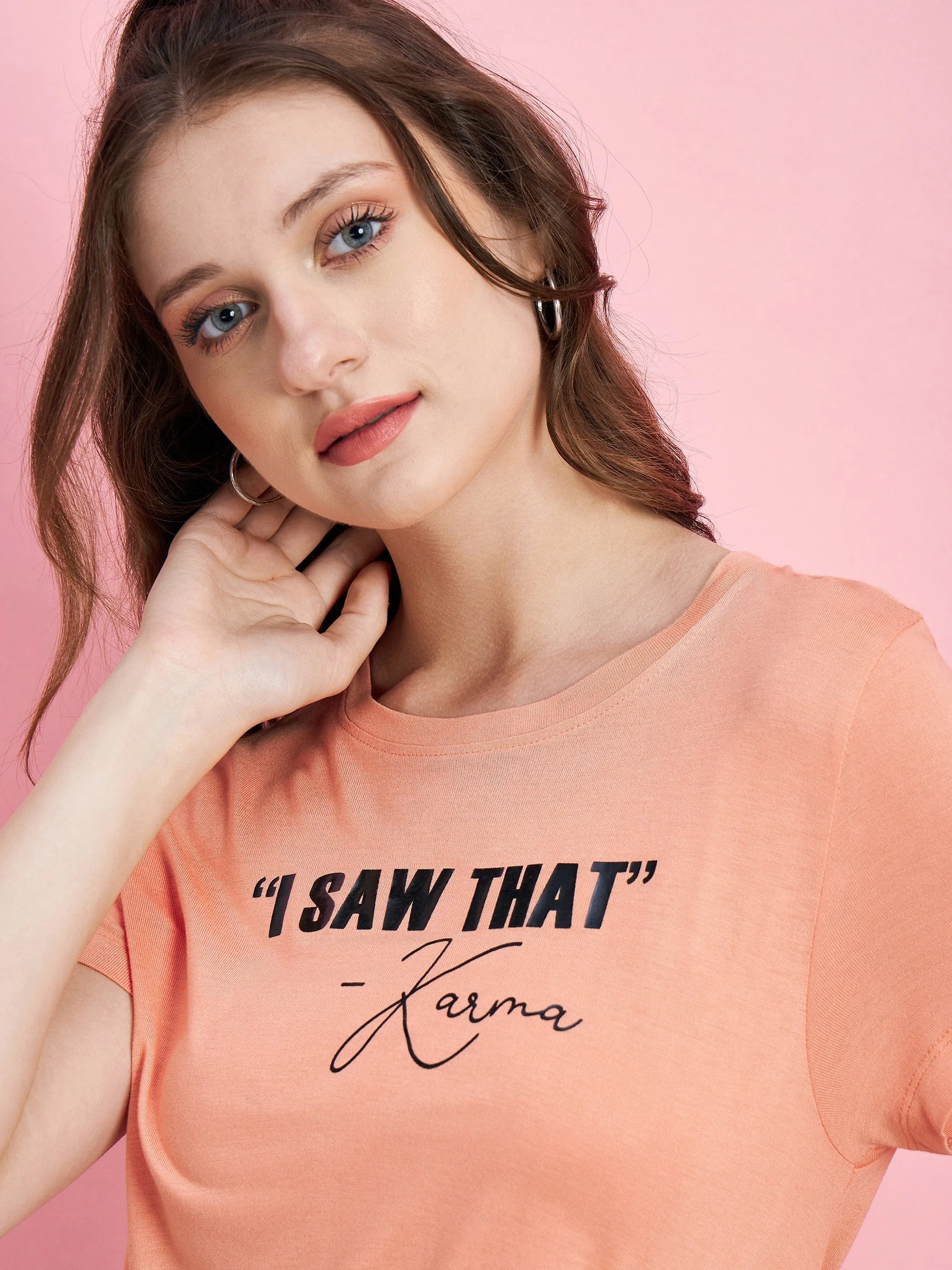 Women Peach I Saw Karma T-Shirt With Black Track Pants