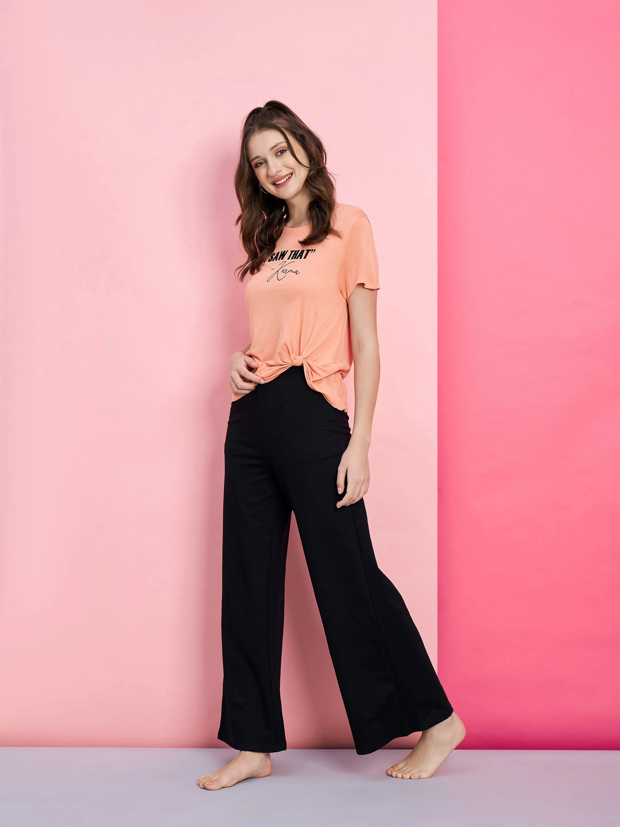 Women Peach I Saw Karma T-Shirt With Black Track Pants