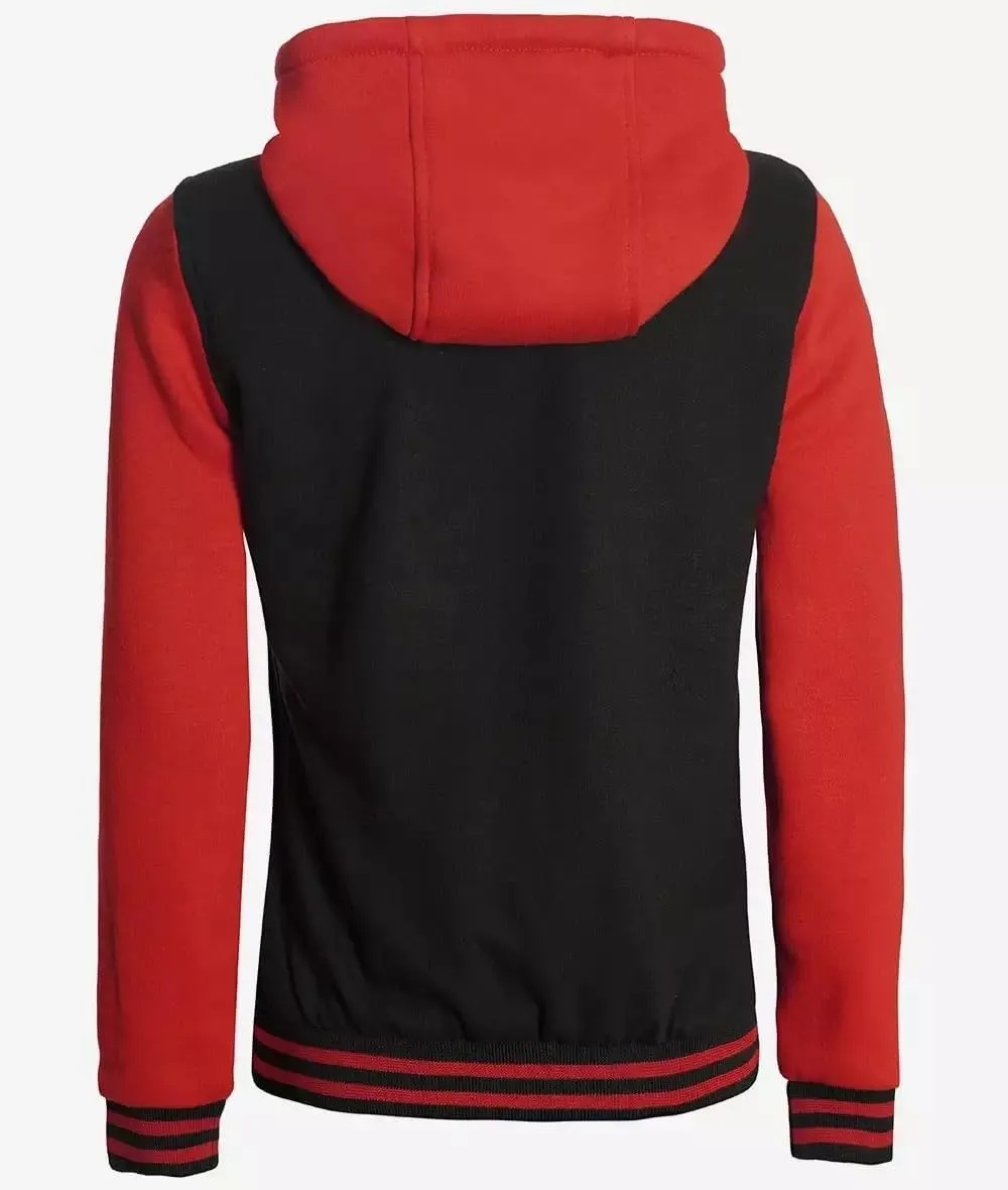 Women Varsity Snap Button Letterman Red and Black Lightweight Bomber Quilted Jacket