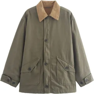 Womens Barn Jacket Classic Canvas Utility Jackets Corduroy Collar Vintage Button Down Coat with Pockets