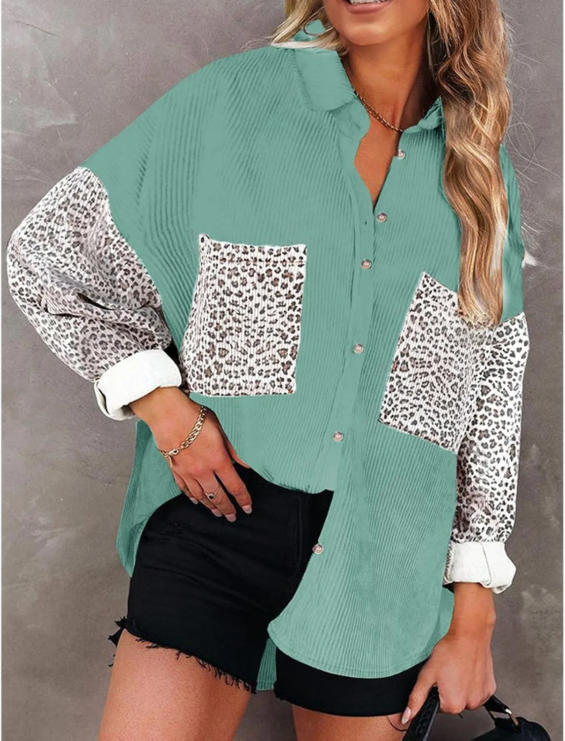 Womens Contrast Leopard Denim Jacket Long Sleeve Button Down Shirts Boyfriend Oversized Blouses Tops