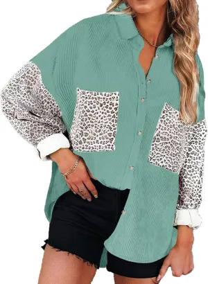 Womens Contrast Leopard Denim Jacket Long Sleeve Button Down Shirts Boyfriend Oversized Blouses Tops