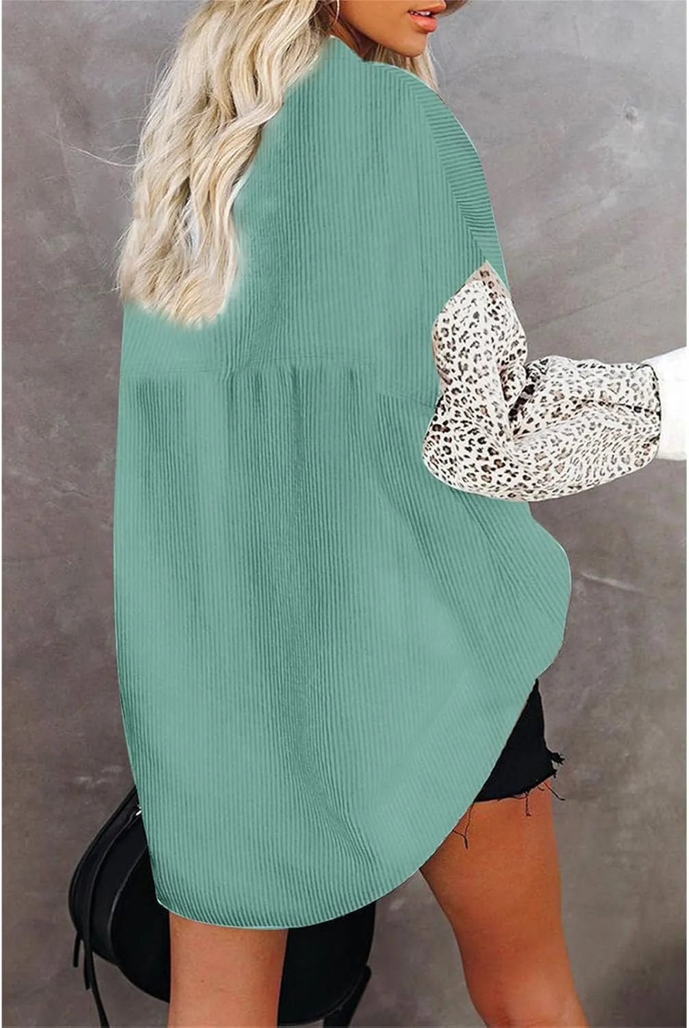 Womens Contrast Leopard Denim Jacket Long Sleeve Button Down Shirts Boyfriend Oversized Blouses Tops