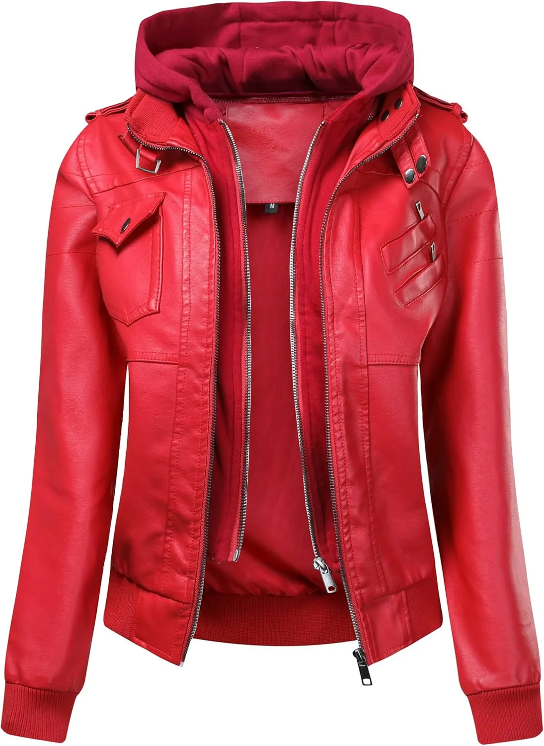 Women's Faux Leather Jacket Motorcycle Hooded Jacket Outdoor Sports Detachable Hooded Pu Leather Jacket Coat