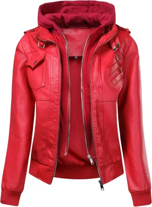 Women's Faux Leather Jacket Motorcycle Hooded Jacket Outdoor Sports Detachable Hooded Pu Leather Jacket Coat