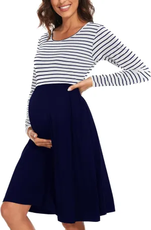 Women's Long Sleeve Maternity Dress with Pockets Patchwork Pregnancy Clothes