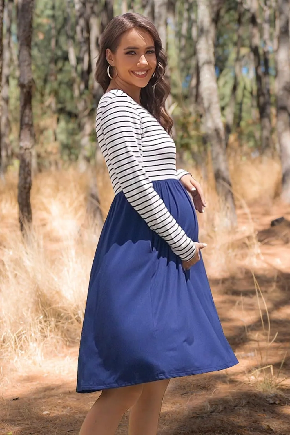 Women's Long Sleeve Maternity Dress with Pockets Patchwork Pregnancy Clothes