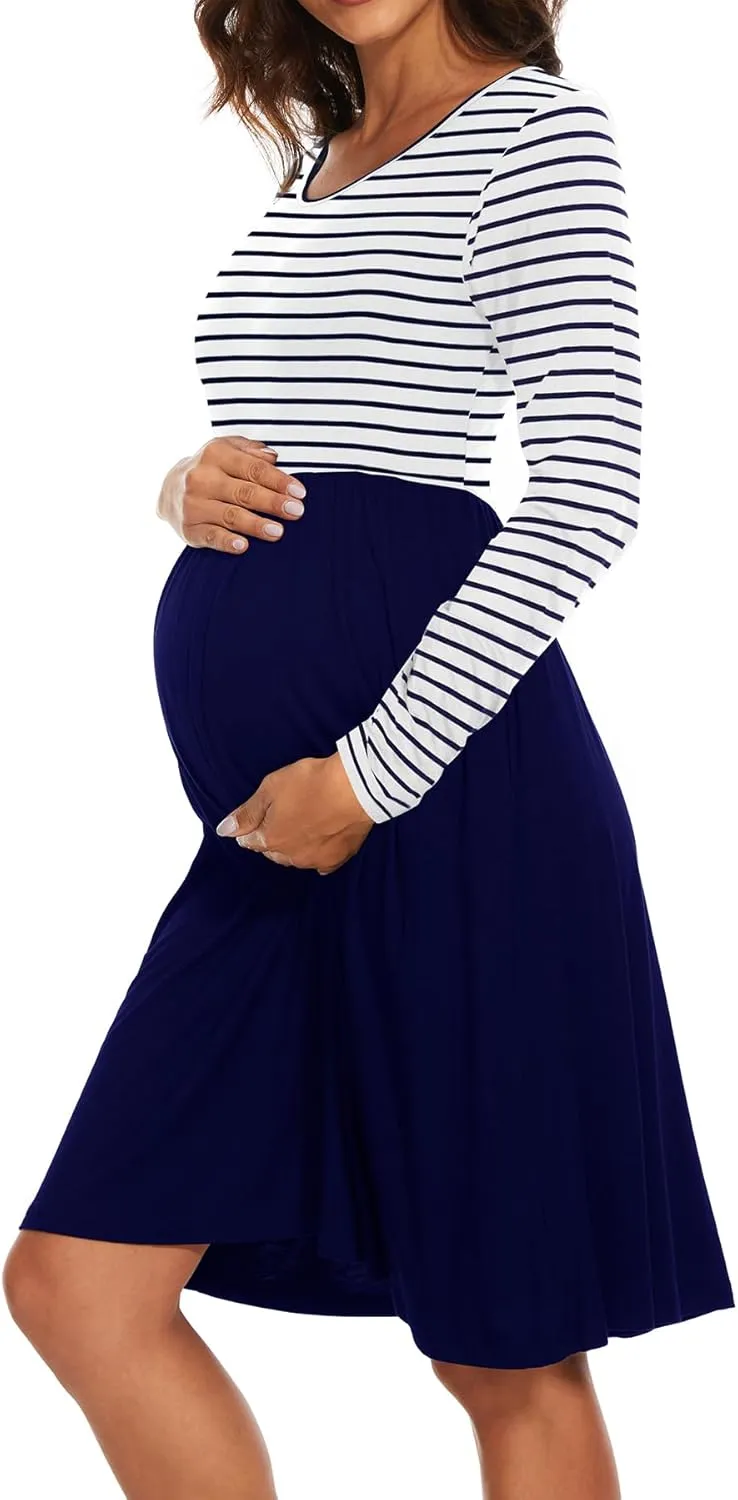 Women's Long Sleeve Maternity Dress with Pockets Patchwork Pregnancy Clothes