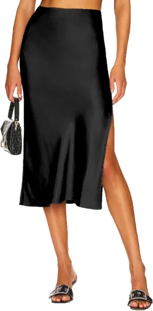 Womens Satin Midi Skirt Elastic High Waist Silky A Line Slit Skirts