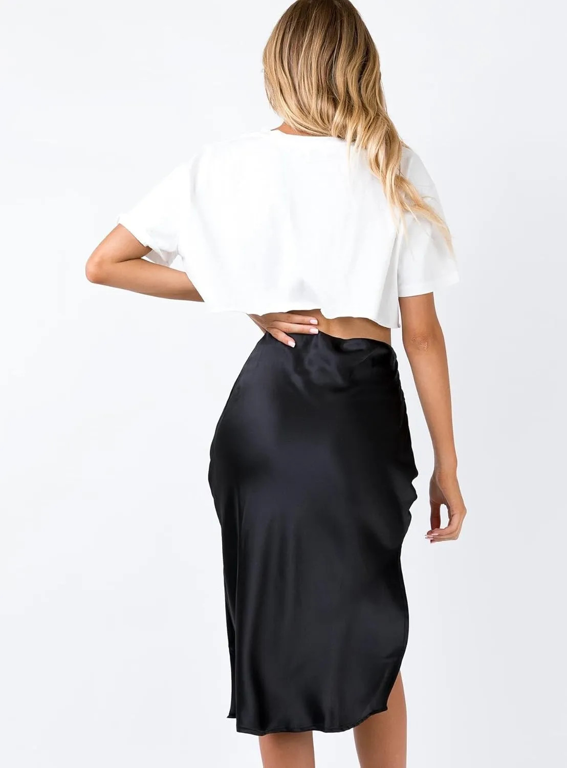 Womens Satin Midi Skirt Elastic High Waist Silky A Line Slit Skirts