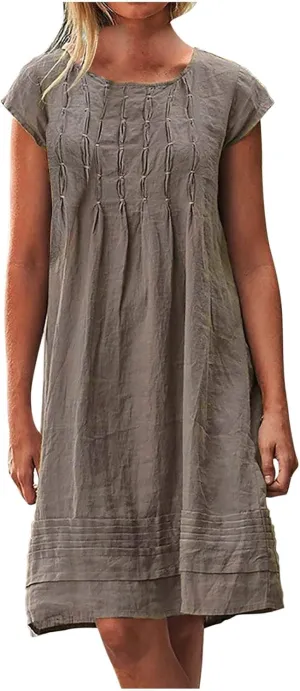 Women's Summer Cotton Linen Dress Short Sleeve Pleated Front Tshirt Dresses Flowy Boho Sundresses Beach Wear