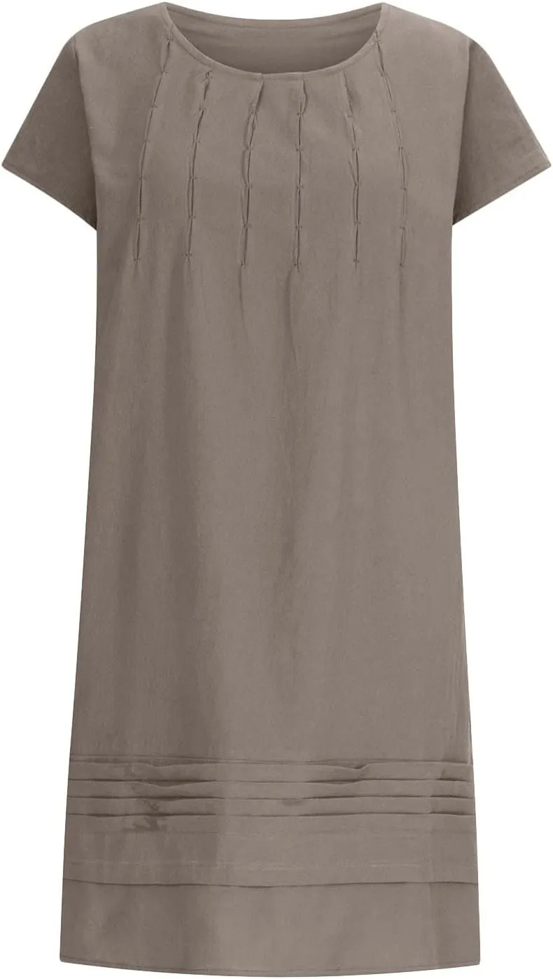 Women's Summer Cotton Linen Dress Short Sleeve Pleated Front Tshirt Dresses Flowy Boho Sundresses Beach Wear