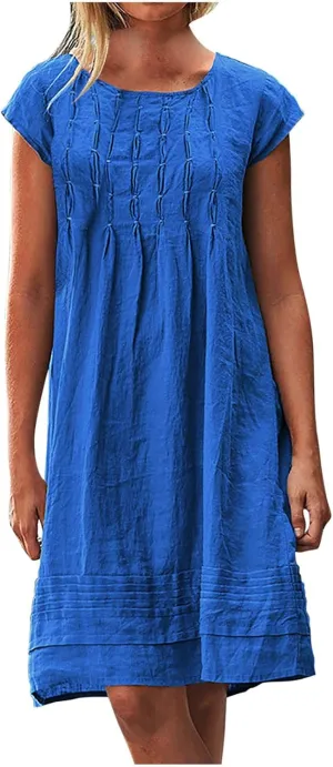 Women's Summer Cotton Linen Dress Short Sleeve Pleated Front Tshirt Dresses Flowy Boho Sundresses Beach Wear