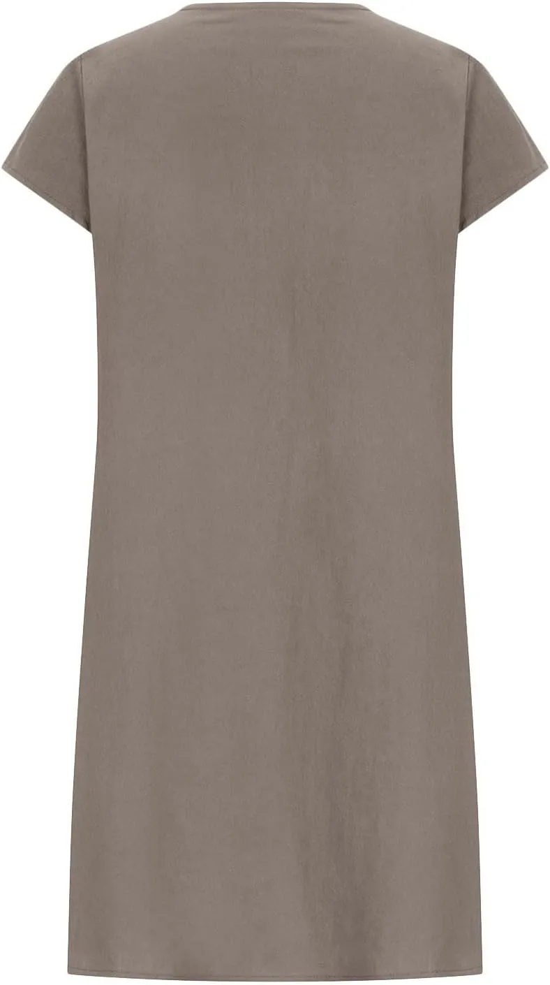 Women's Summer Cotton Linen Dress Short Sleeve Pleated Front Tshirt Dresses Flowy Boho Sundresses Beach Wear