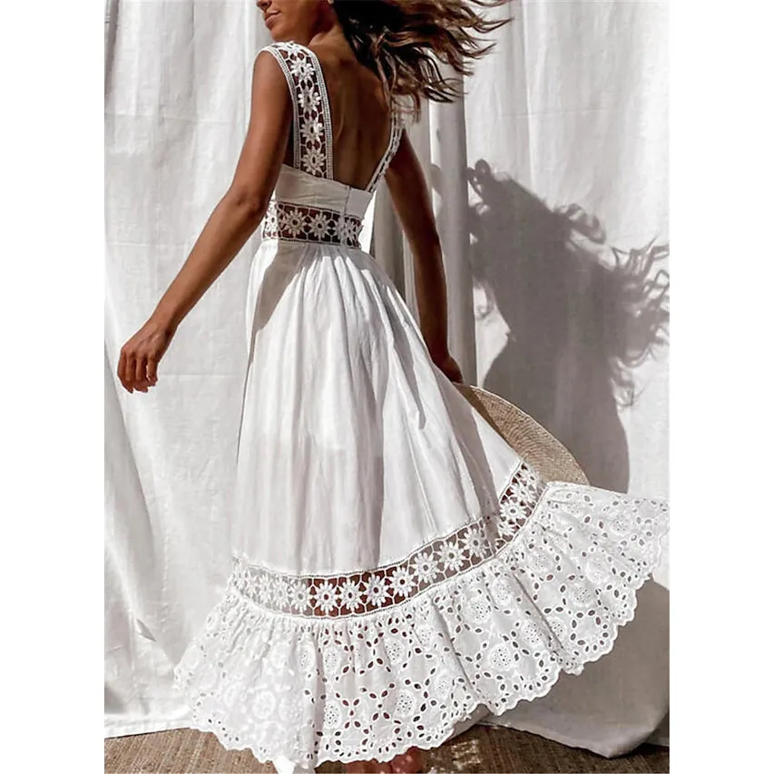 Women's White Sleeveless Solid Lace Panel Dress