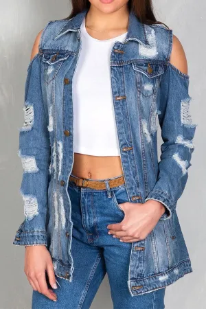xiangtuibao Ripped Cold Shoulder Urban Gradient Denim Coat