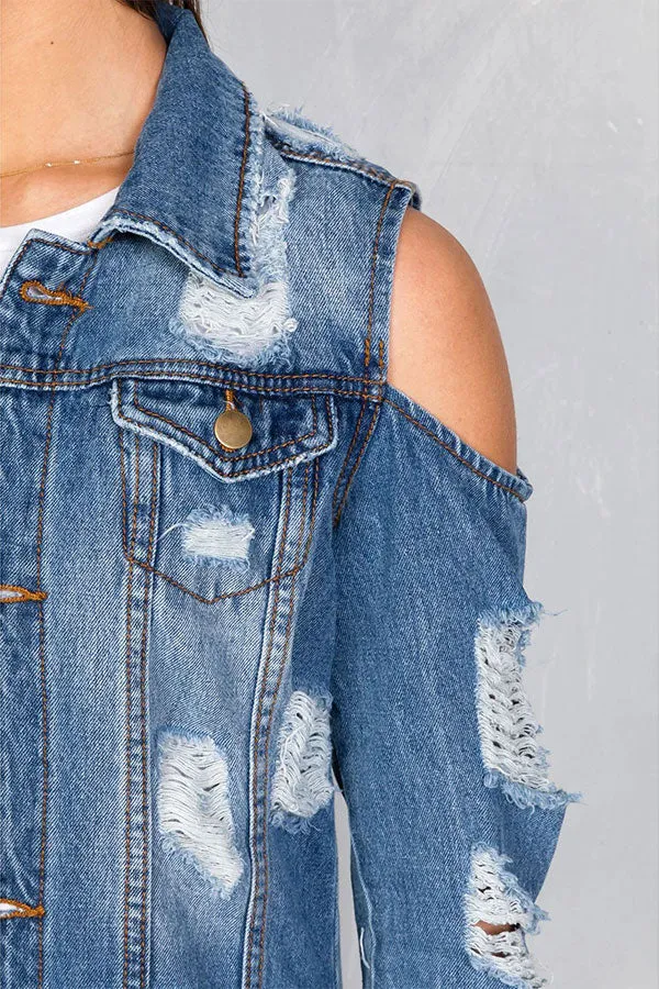xiangtuibao Ripped Cold Shoulder Urban Gradient Denim Coat