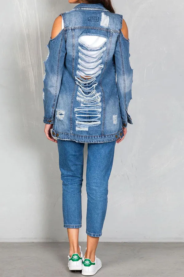 xiangtuibao Ripped Cold Shoulder Urban Gradient Denim Coat