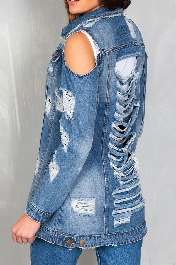 xiangtuibao Ripped Cold Shoulder Urban Gradient Denim Coat