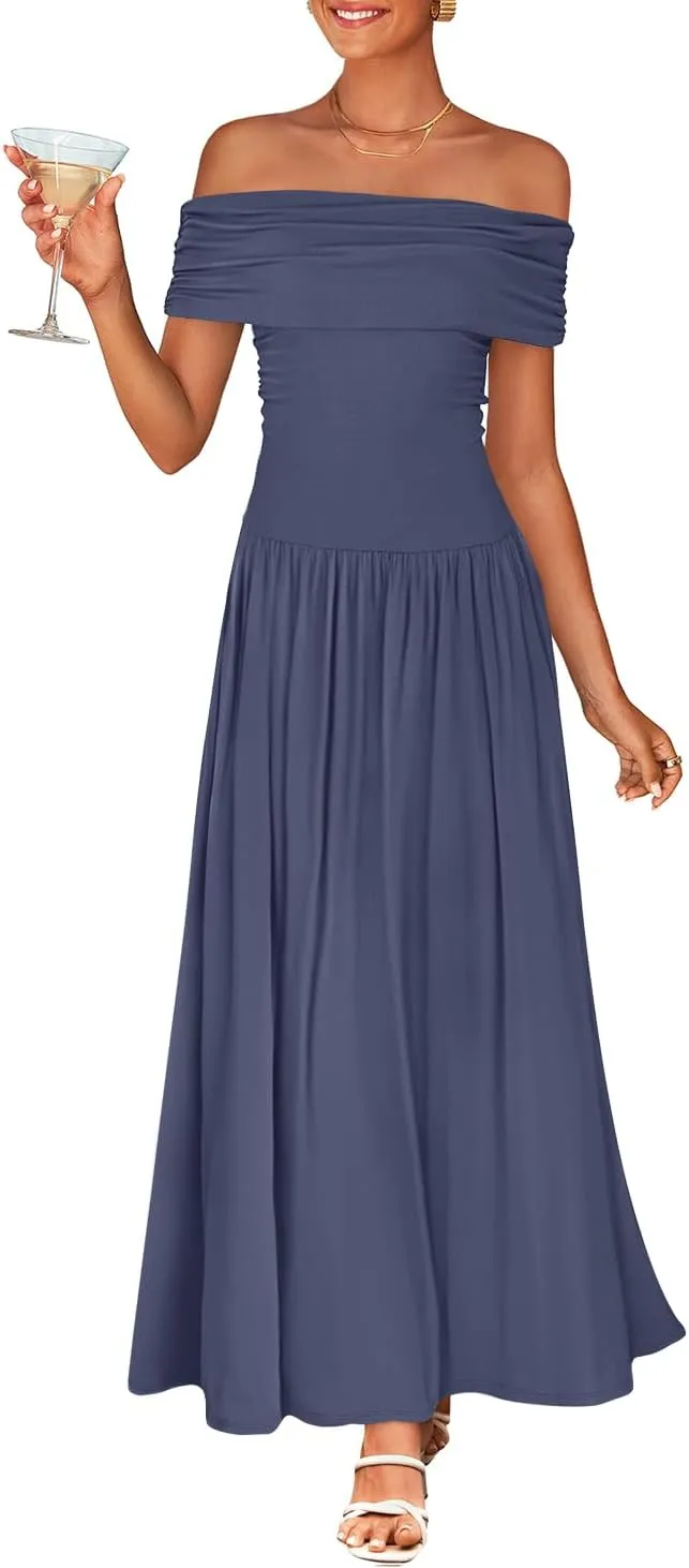 ZESICA Women's Off The Shoulder Maxi Dress 2025 Summer Sleeveless Casual Slim Swing Pleated Formal Party Dresses
