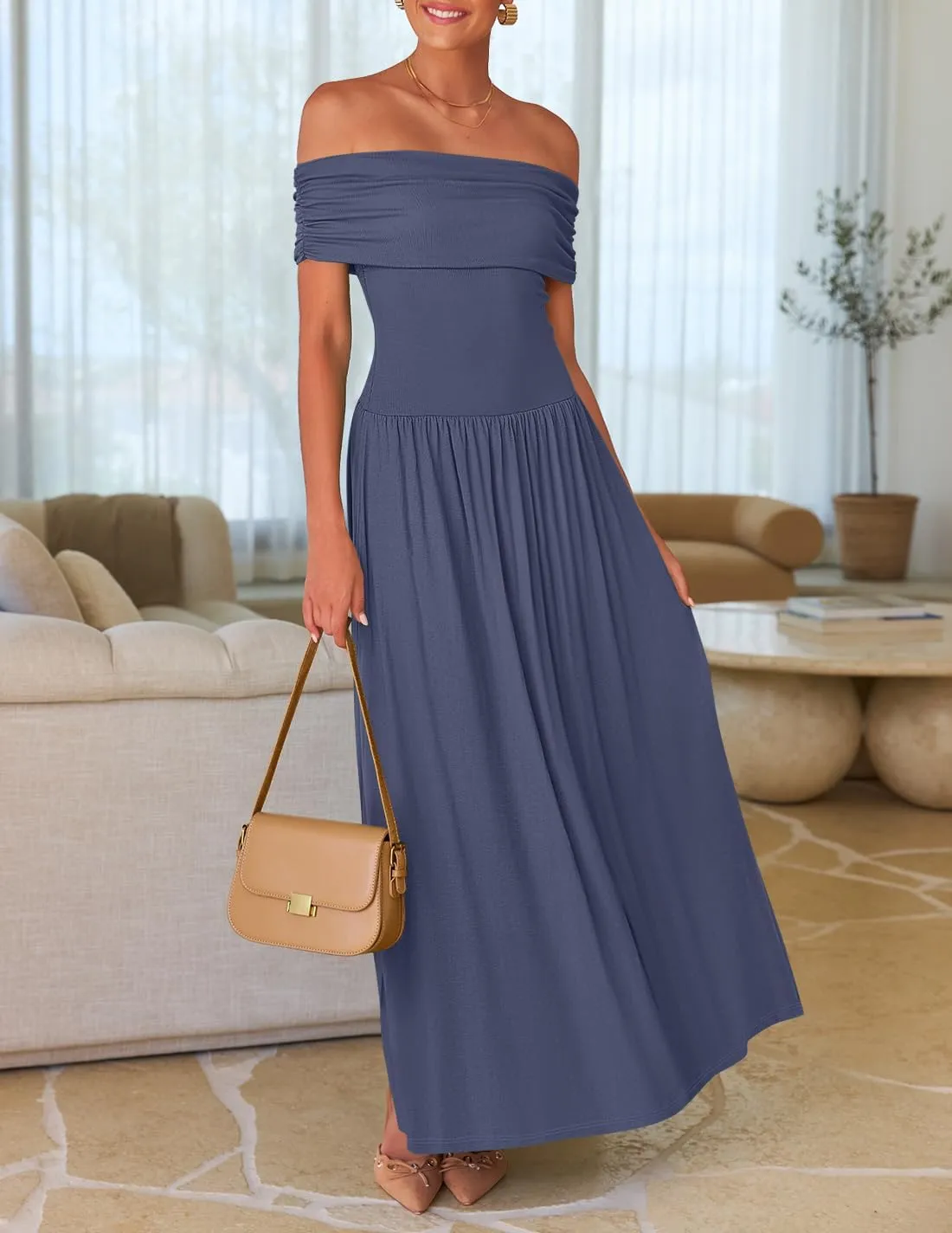 ZESICA Women's Off The Shoulder Maxi Dress 2025 Summer Sleeveless Casual Slim Swing Pleated Formal Party Dresses