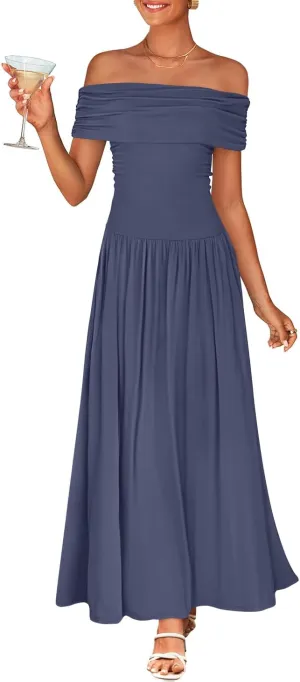ZESICA Women's Off The Shoulder Maxi Dress 2025 Summer Sleeveless Casual Slim Swing Pleated Formal Party Dresses