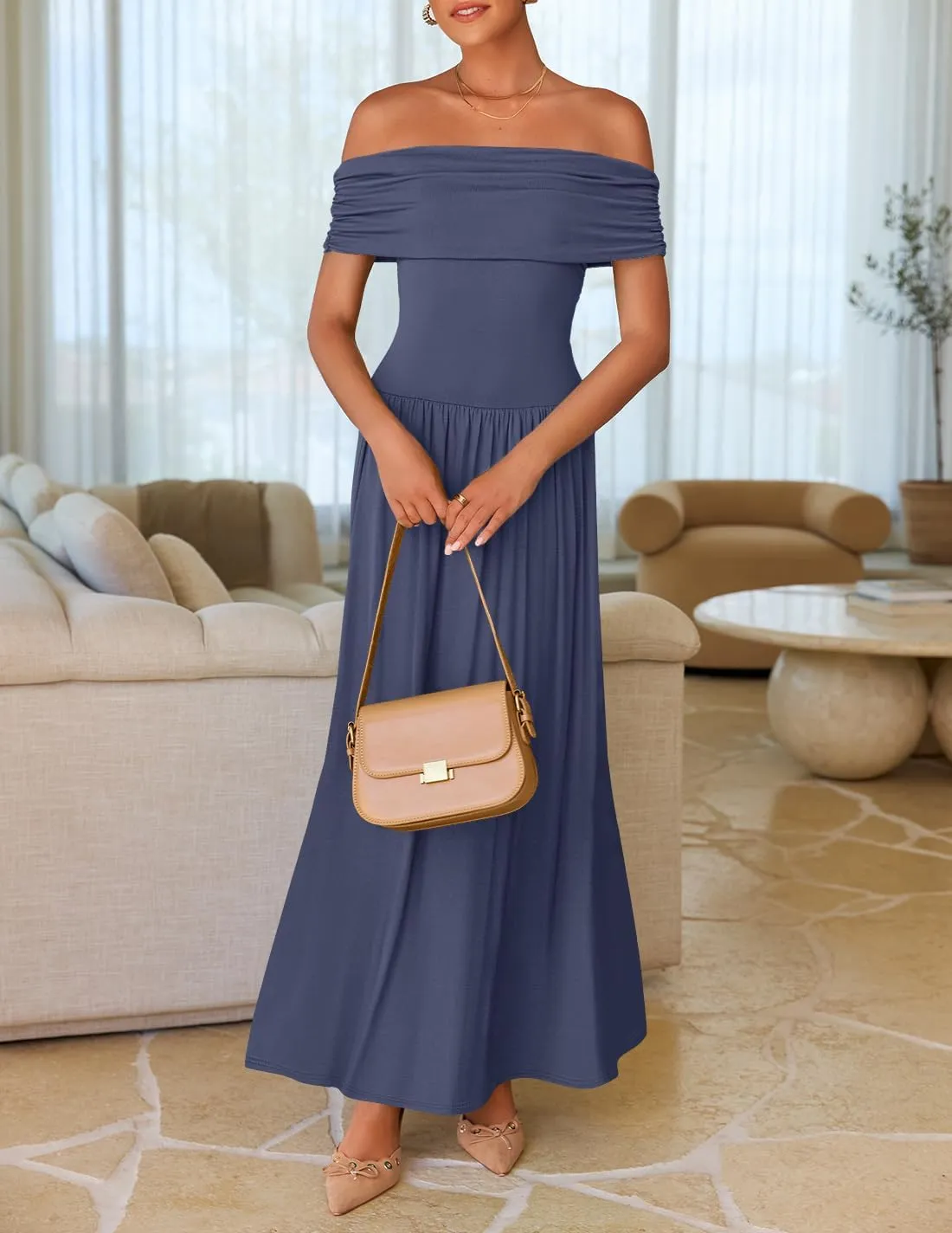 ZESICA Women's Off The Shoulder Maxi Dress 2025 Summer Sleeveless Casual Slim Swing Pleated Formal Party Dresses